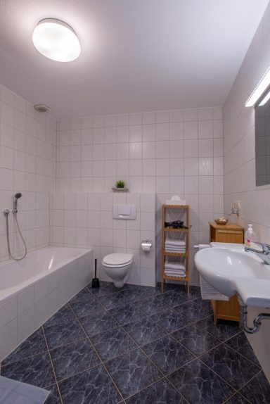 Bad Helles Badezimmer mit Badewanne, Dusche, WC und Holzregal für Handtücher.