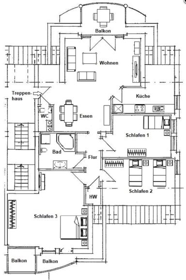 Grundriss Grundriss eines Hauses mit Schlafzimmern, Wohnzimmer, Küche und Bädern.
